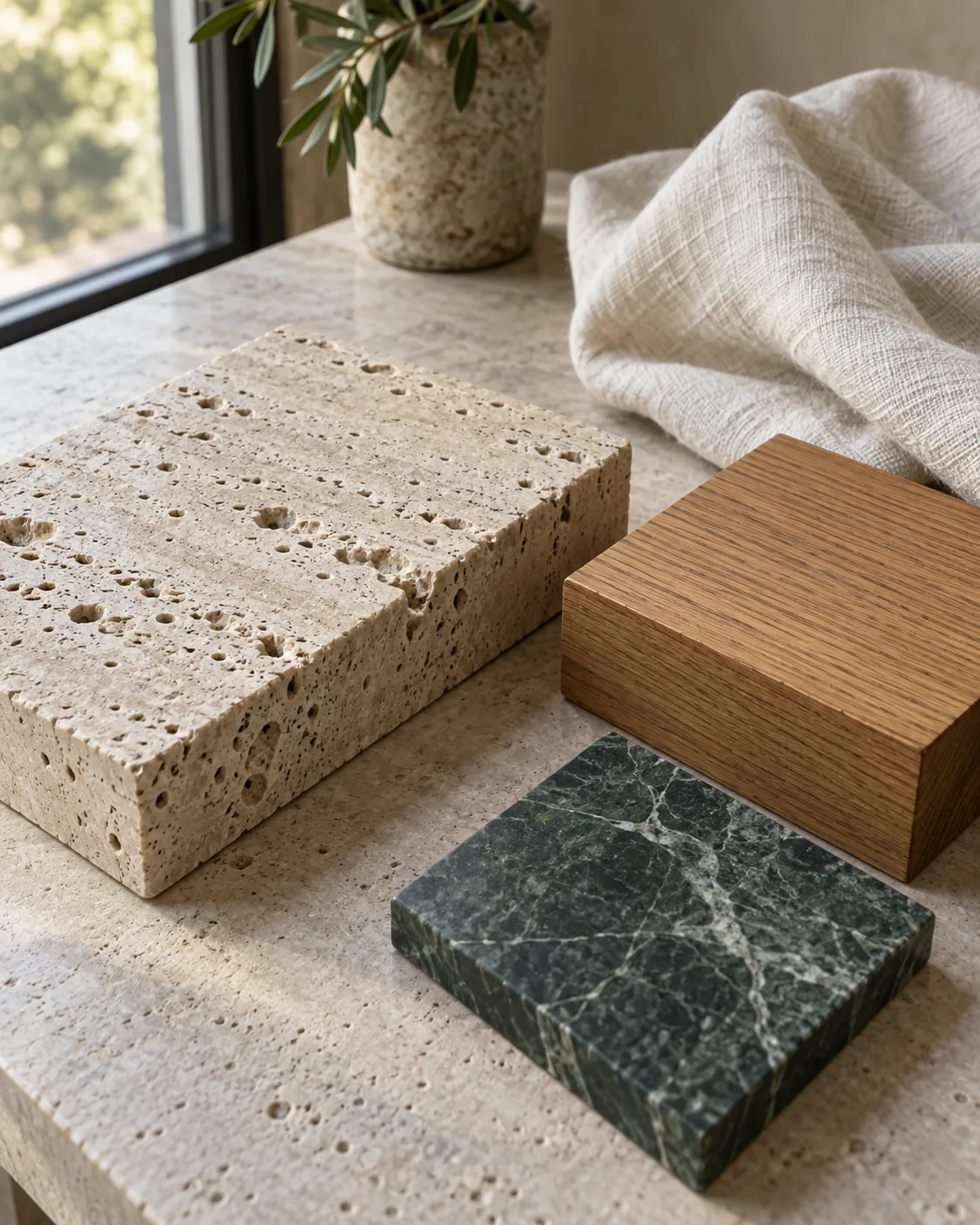 Composición de piedra clara, madera, mármol verde y lino